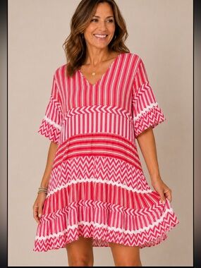 Rubyyaya Chevron & Striped Tiered Mid Length Dress w/ Scallop Hem NWT Size M